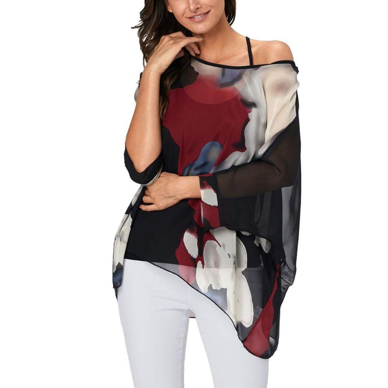 Ckikiou Plus Size Batwing Flowy Semi Sheer Chiffon Blouse Tunic for Women Summer Floral Print Boho Beach Cover ups - Image 1
